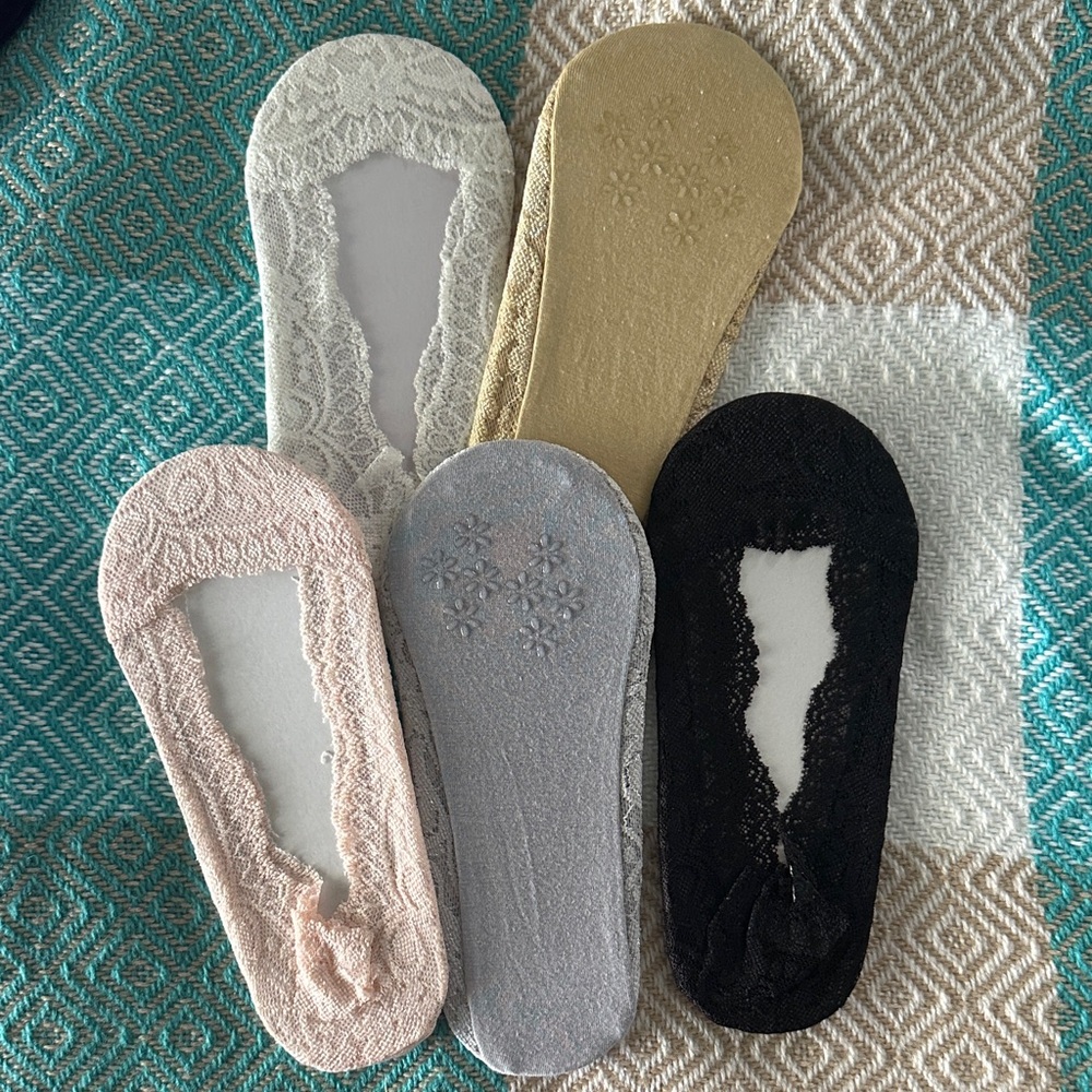 Elegant Lace No-Show Socks Set - Black, White, Pink, Gray, Tan